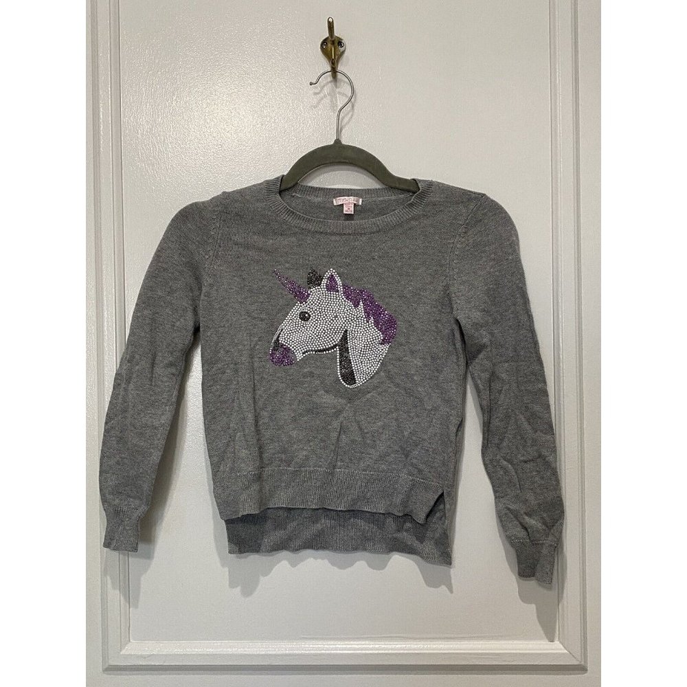 Me.n.u. Girls Gray Rhinestone Unicorn Sweatshirt Long Sleeved Size M 10/12